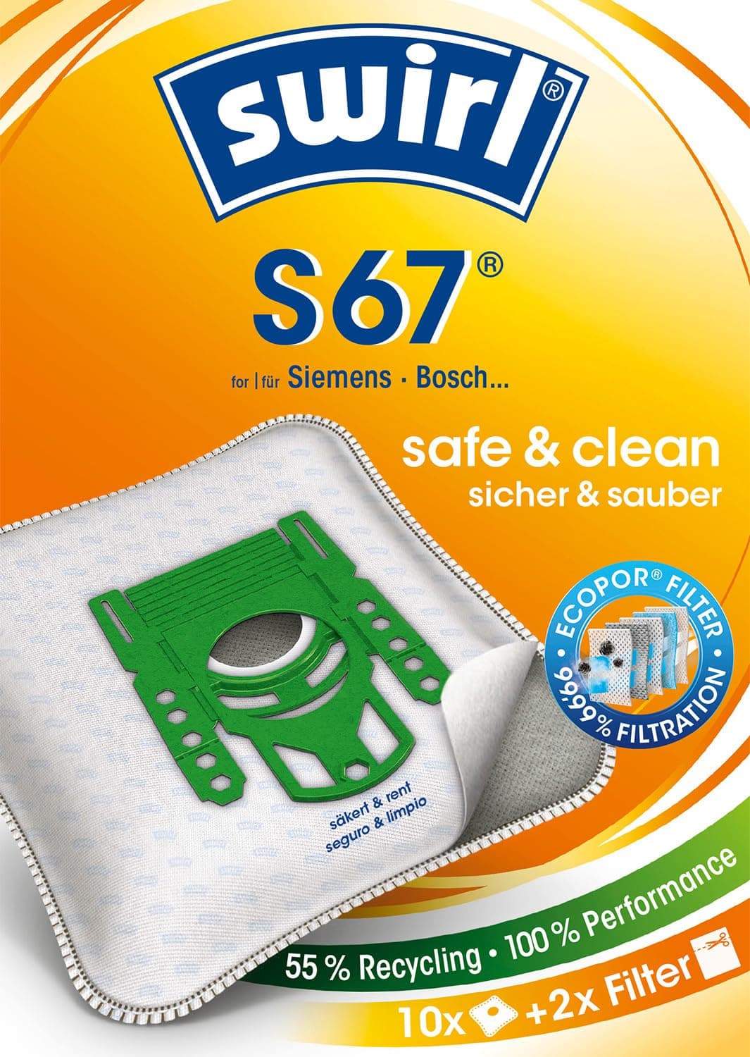 Swirl S 67 MicroPor Plus Vacuum Cleaner Bags for Bosch Lockable Holding Plate 10 pieces 2 Filters