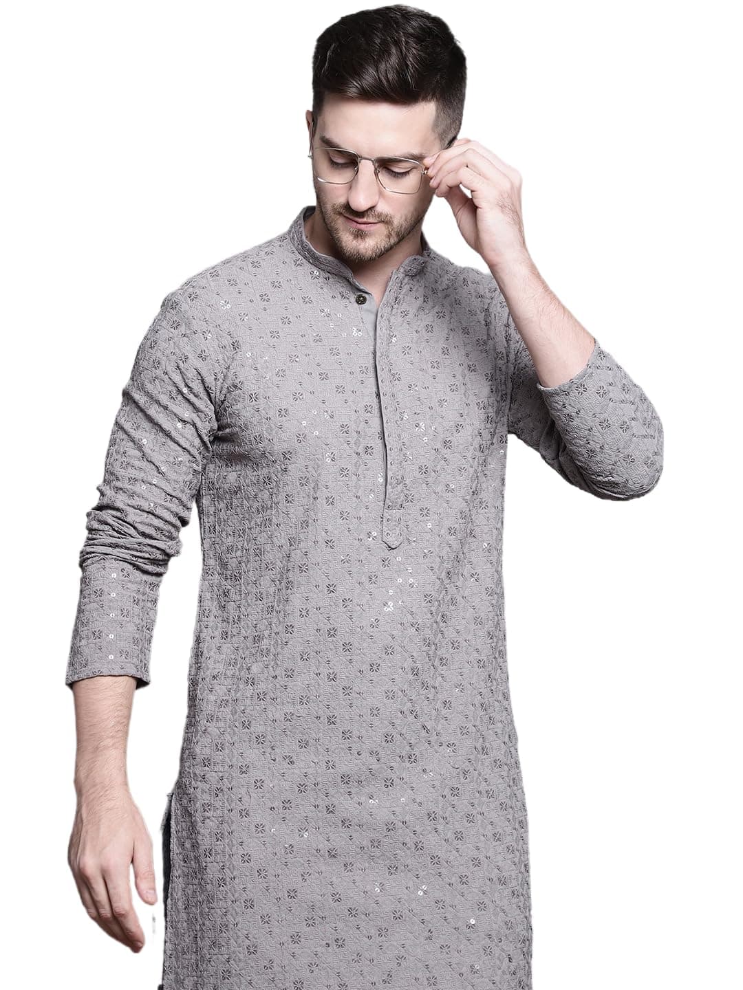 Jompers Men's Sequin Embroidered Pure Cotton Kurtas (Grey, XXL)