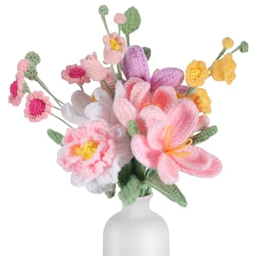 Breling Graduation Gifts Crochet Flower Bouquet Pink Peony Tulips Daisies Handmade Crochet Flower Bouquet for Birthday Anniversary Wedding Teacher Appreciation Gifts Home Decor
