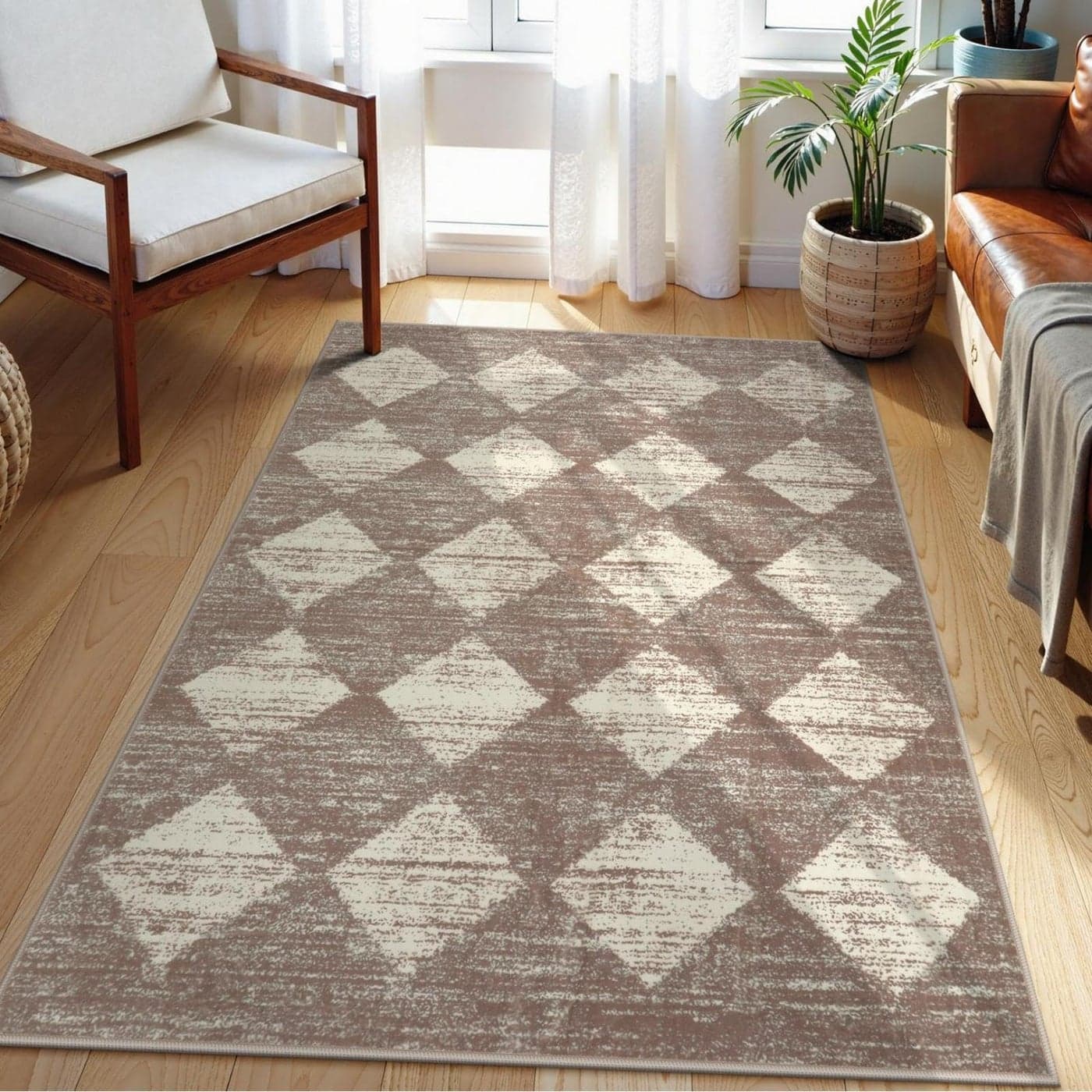 Lahome Moroccan Treills Area Rug 3x5 Beige Rugs for Living Room Washable Entry Mat Checkered Modern Soft Pet Friendly Indoor Accent Carprt for Coffee Table Bedroom Family Dinning Room Playroom