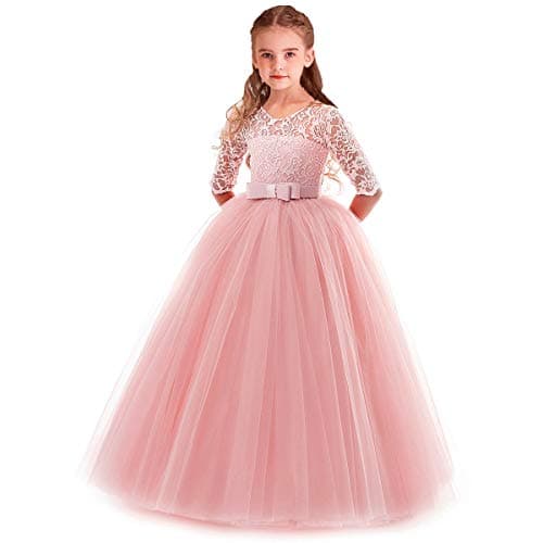 HIHCBF Flower Girls 3/4 Sleeves Lace Tulle A-Line Dress Floor Length Pageant Party Wedding Maxi Evening Dance Prom Ball Gown Pink 5-6T