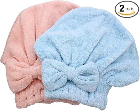 Dianoo 2pc Hair Drying Cap Microfiber Ultra Absorbent Bath Hat Quickly Drying Hair Turban Wrap Towels Soft Shower Cap For Long Thick Hair Women Girls Pink and Blue