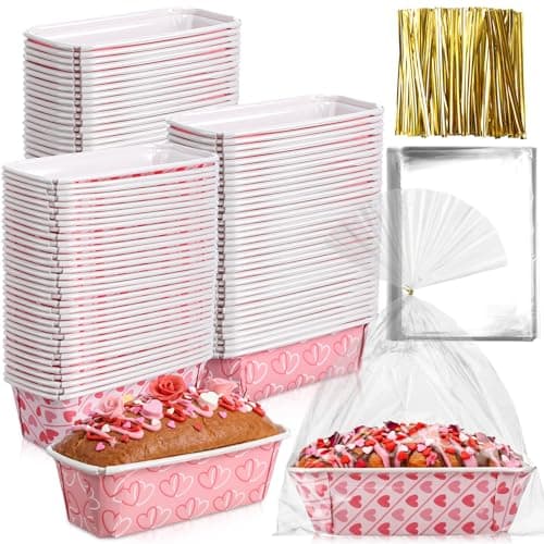 Potchen 50 Set Mother's Day Mini Loaf Pans Red Pink Heart Disposable Paper Cake Pan Liner with Wrapping Bag and Ties 6.3 x 2.2 x 2.2 Inch Rectangle Baking Cups for Bread Muffin(Pink Heart)