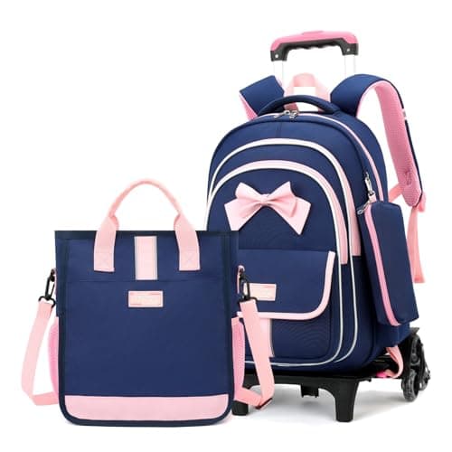 MITOWERMI Rolling Backpack for Girls 3Pcs Elementary School Bag Cute Bowknot Backpack with Wheels Girls Bookbags with Handbag Trolley Bags Kids Carry-On Luggage
