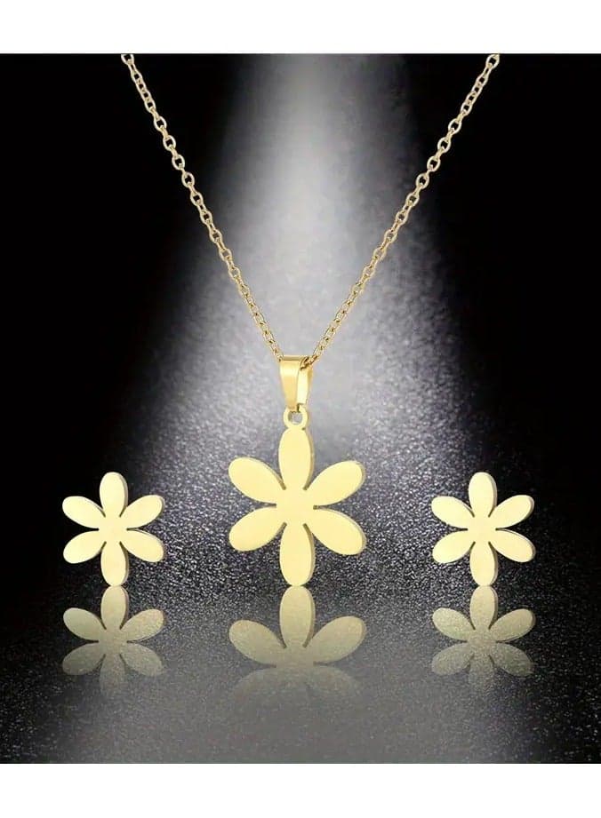Stainless Steel Flower Jewelry Set For Women, Vintage Flower Necklace Earrings, 3-Piece Set For Daily Wear, Music Festival