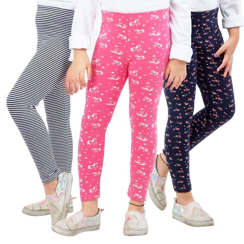 ARIEL Girls Cotton Printed Non-Transparent Regular Fit Ankle Length Leggings(AR-G-Leg-P3-1112-(PUni,Blue,Bstr)_Multicolor_1112 Years)