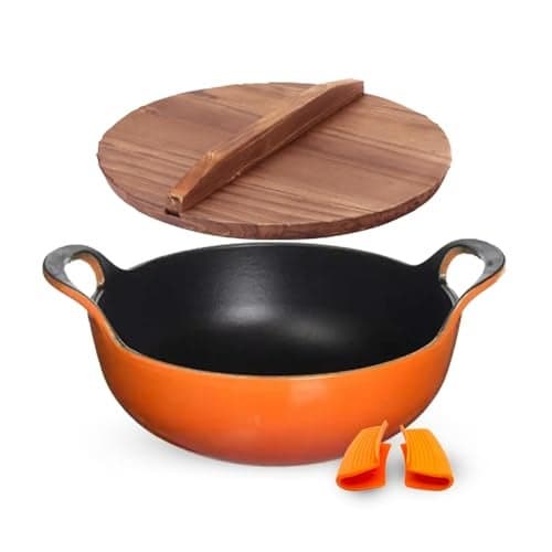 CountryCook Enamel Coated 24cms Cast Iron Pan with Wooden Lid Induction Friendly Heavy Duty Cookware