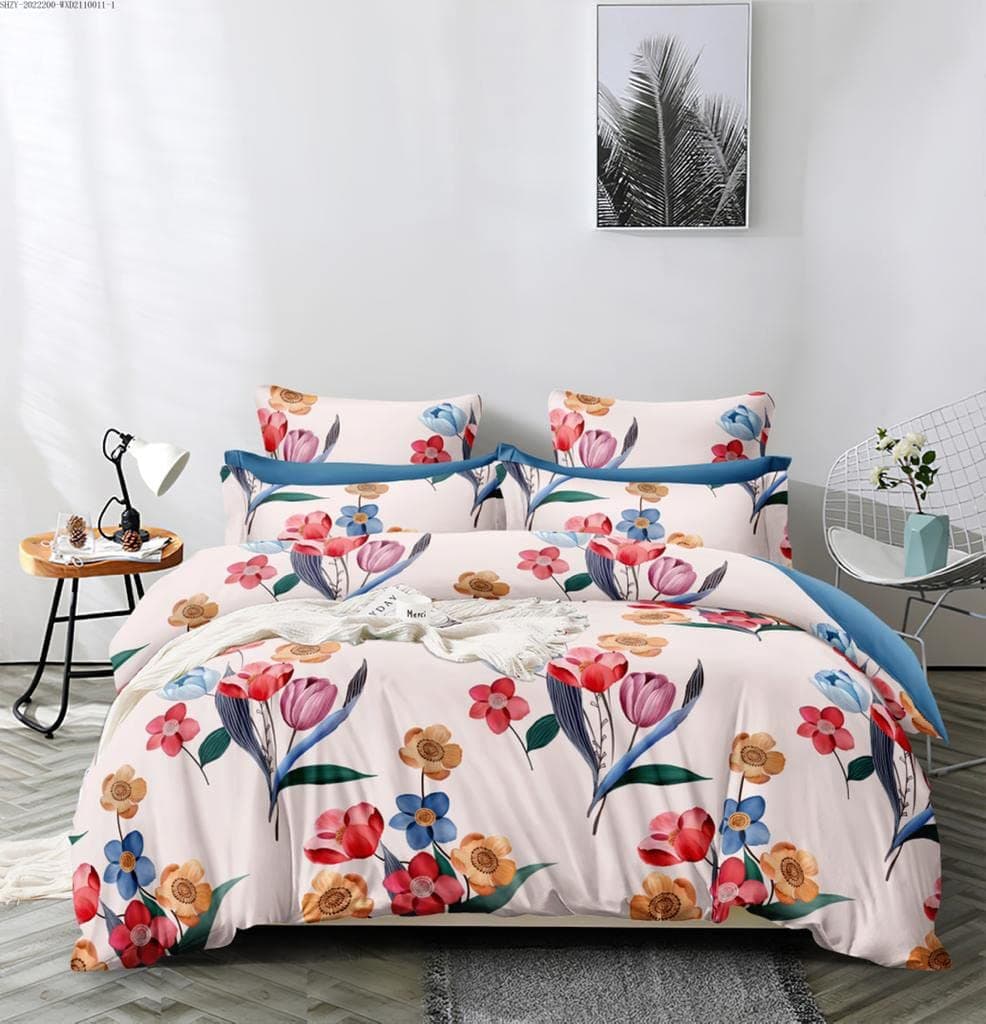 Furnistitchs Premium Double Bed Elastic Fitted Bedsheets with 2 Pillow Covers, King Size All Around Elastic 72"x78", (Red Tulips)