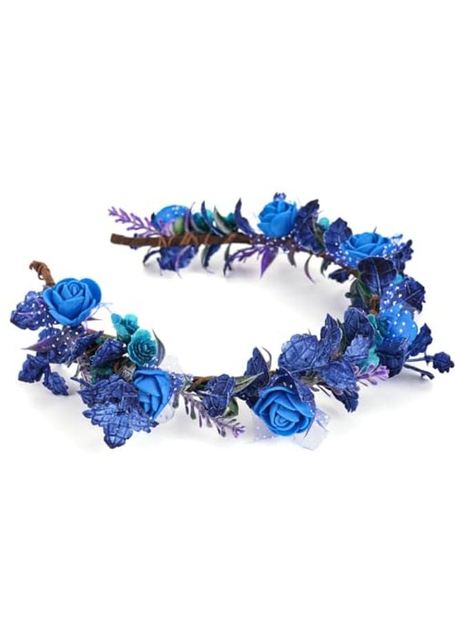 KorViSHOW Blue Flower Crown Headband Fairy Floral Headpiece Rose Floral Accessories with Lace for Women Girls Birthday Wedding Party Photo Props Hairband