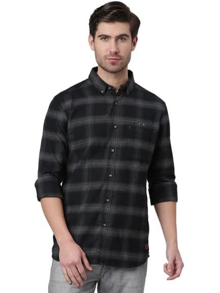 Thomas Scott Mens | Full Sleeve | Checks Printed | Regular Fit | 100% Cotton | Button Down Collar | Casual | Shirt (Black_3XL)