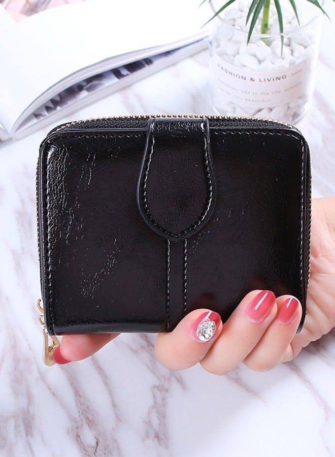 Ladies' Pocket Wallet,Two Fold Faux Leather Coin Purse,Compact Coin Purse with Multi-Card Slots & Zipper Closure,for Ladies, Teens, and Girls,Black
