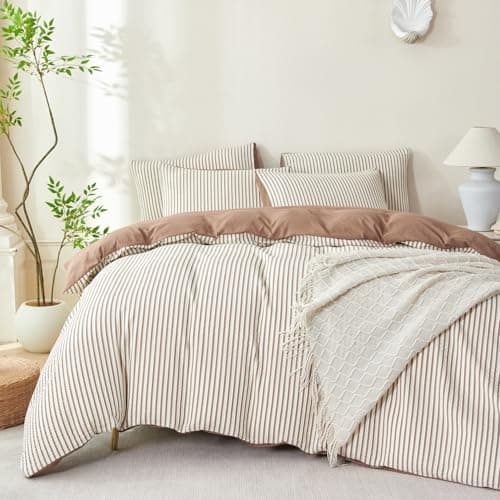 TISPLR Comforter Set Queen Size Striped Soft Luxury Washed Microfiber Jacquard 3 Pieces Bedding, White Dark Brown Vertical Ticking Stripes Comforter with 2 Pillowcases Breathable Durable Comfy