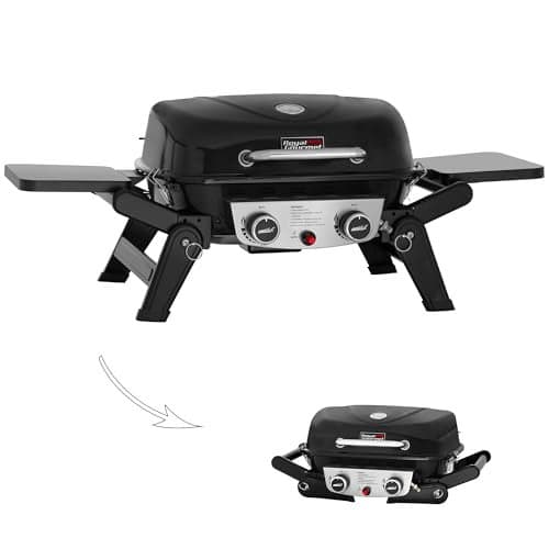 Royal Gourmet GT2005 2 Burner Portable Propane Gas Grill with Foldable Side Tables & Foldable Support Legs, Tabletop Gas Grill with Warming Rack for Outdoor Cooking & Grilling, Black