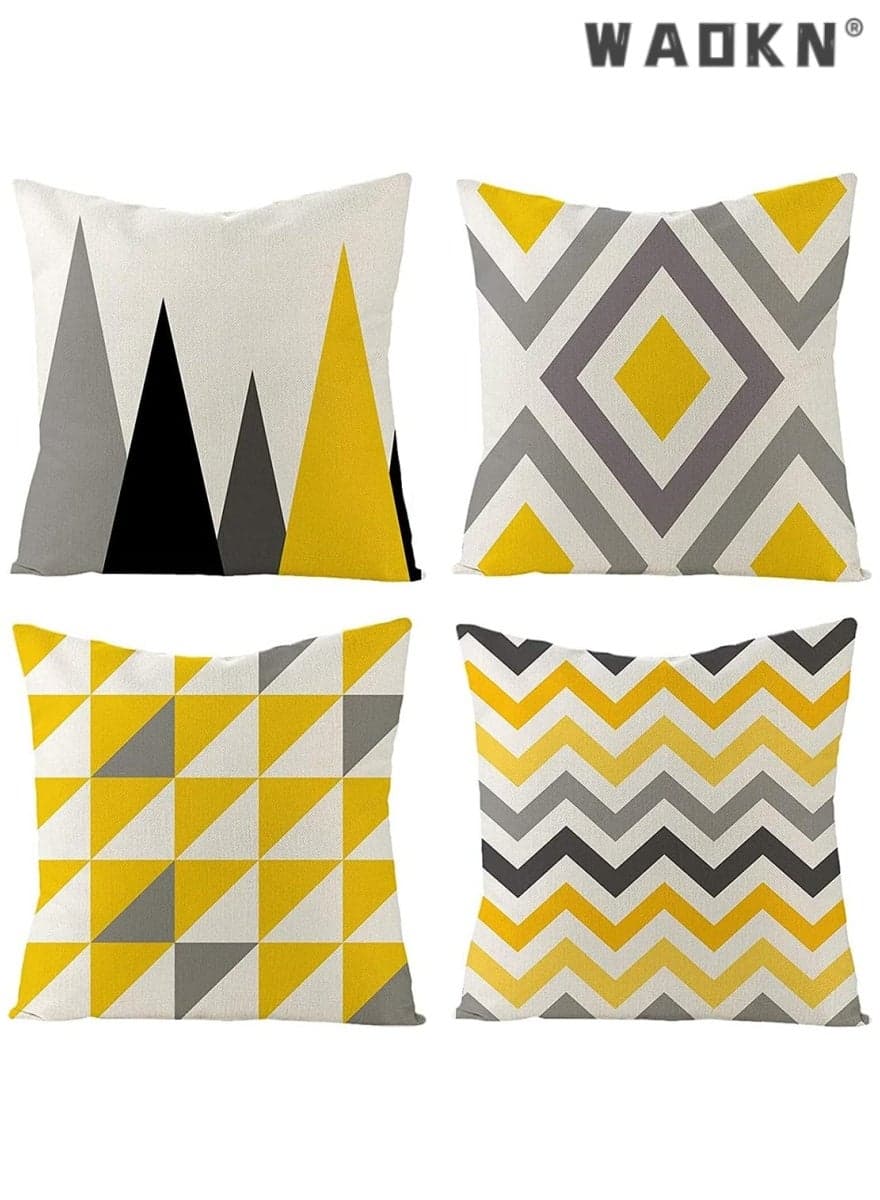 Modern Geometric Pattern Pillow Cases, 4Pcs, Yellow and Grey, 18 x 18 Inches, Cotton Polyester Blend, Square Cushion Cover for Sofa Bed Home Decor