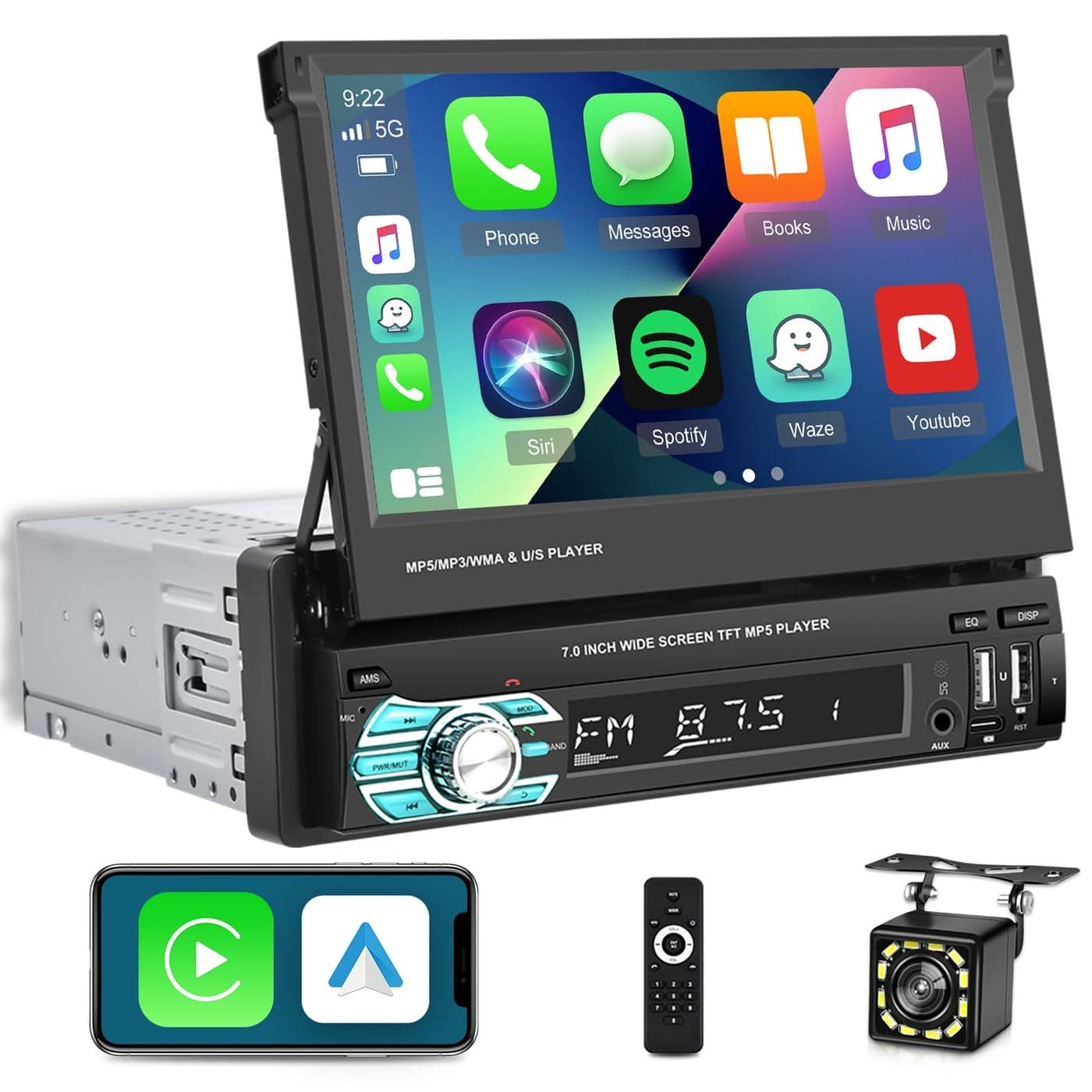 Single Din Flip Out Screen Car Stereo with Wireless Carplay and Android Auto 7 inch 1 Din Touch Screen Radio Support BluetoothSWCUSBFM Backup Camera Mic Remote Control