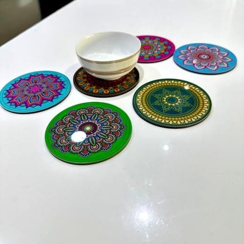 Tresneria® Tea Coasters, Set of 6, with Beautiful Designs | Comes with a Beautiful Gift Box | Dining Table Accessory | Square Shape | Diwali Gift | Corporate Gift (Acrylic Mandala Marvels)