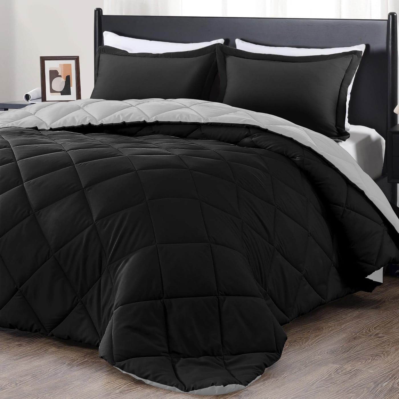 downluxe King Size Comforter Set Black and Grey King Comforter Soft Bedding Sets for All Seasons 3 Pieces 1 Comforter 104x92 and 2 Pillow Shams20x36
