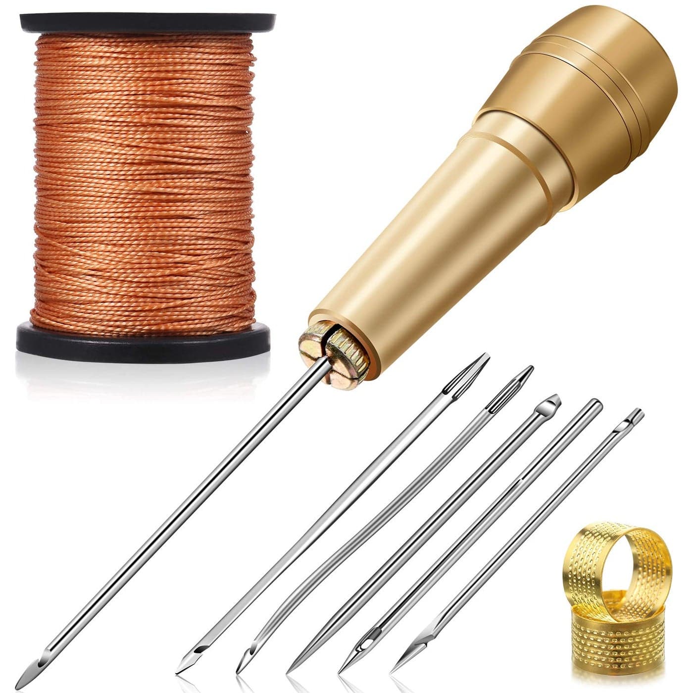 WILLBOND 6 Pieces Canvas Leather Sewing Awl Needle with Copper Handle, 50 m Nylon Cord Thread and 2 Pieces Thimble for Handmade Leather Sewing Tools Shoe and Repair