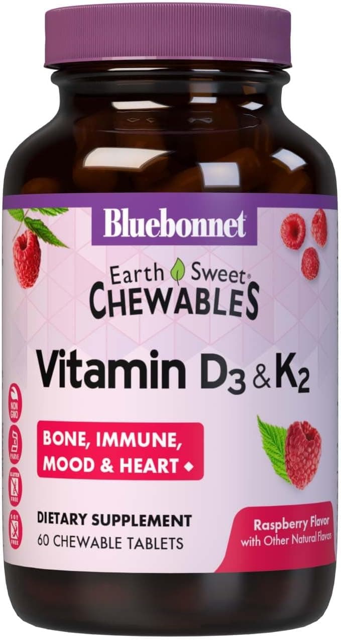 Bluebonnet Nutrition Vitamin D3 K2 EarthSweet Chewable Tablets for Immune Mood Heart Health SoyFree GlutenFree NonGMO Kosher Dairy 60 Raspberry Flavor Chewable Tablets 60 Servings