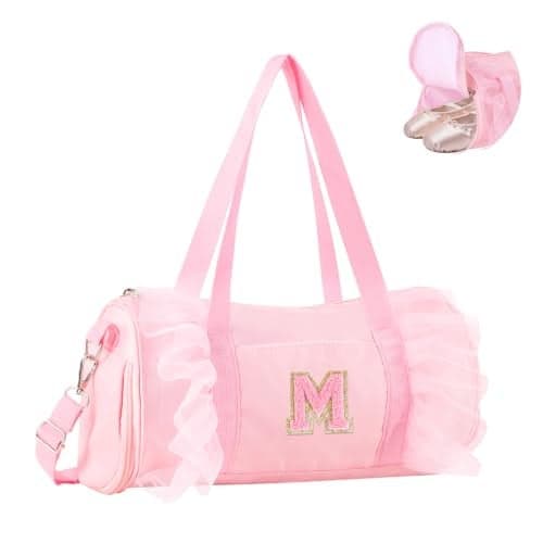 Personalized Initial Dance Bag for Girls 4-6, Small Lace Gym Sport Yoga Cheer Dance Bags Gift for Teen Girls, Cute Letter Kids Ballet Bag Toddler Travel Duffel Tote with Adjustable Straps(Pink-M)