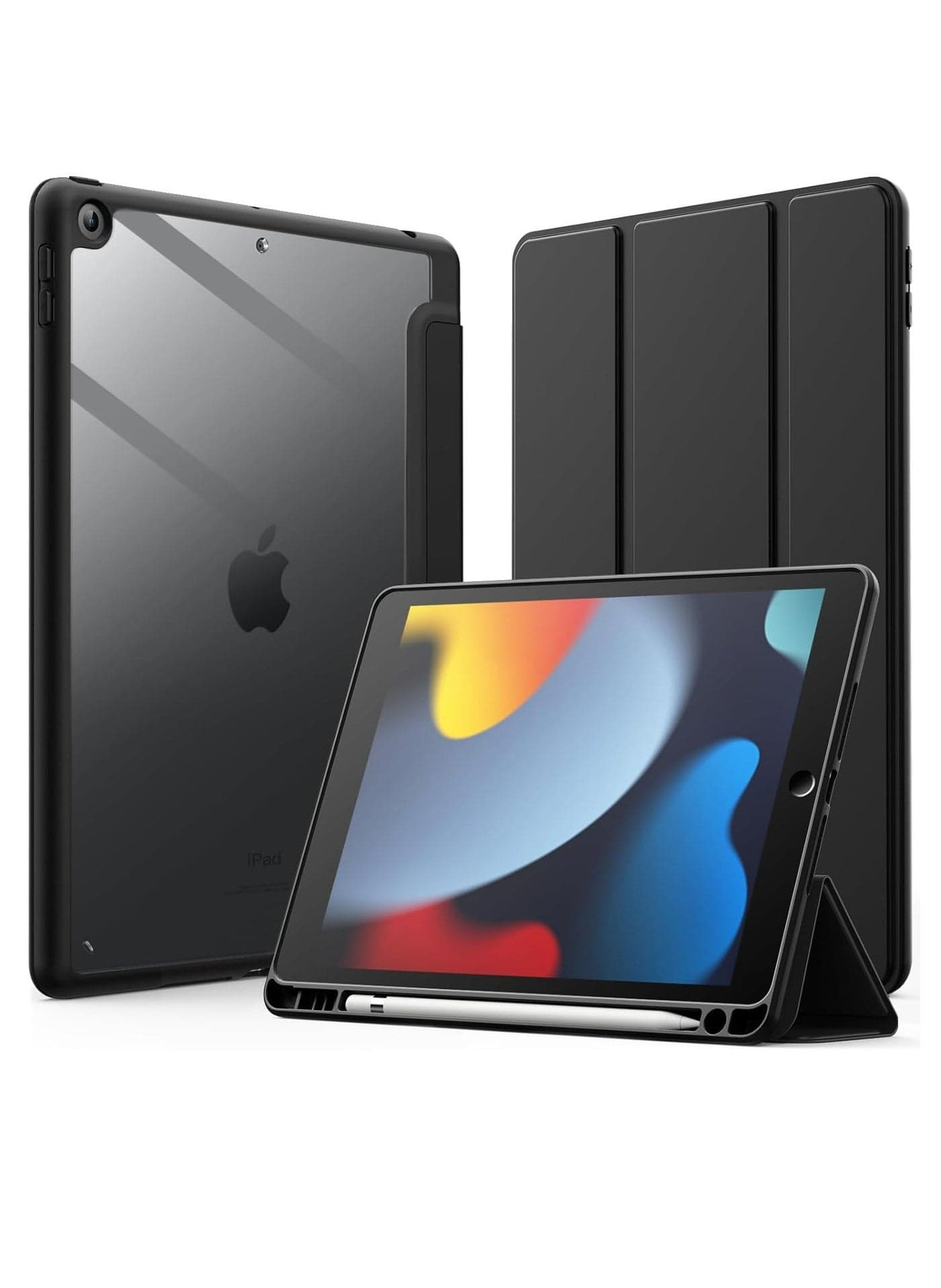 iPad 102 Inch Case Compatible with 9th 8th and 7th Generation 2021 2020 2019 Includes Pencil Holder Clear Transparent Back Slim Shockproof Stand Cover with Auto Wake Sleep Function Black