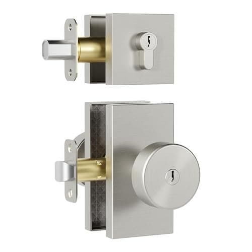 HIEMEY Brushed Nickel Door Knobs with Deadbolt Set Satin Nickel Front Door Lock Set Exterior Entry Door Knob Door Handles with Key KeyedAlike