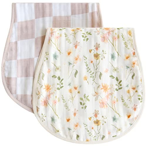 LifeTree Muslin Baby Burp Cloths Soft 2 Pack Viscose Bamboo Cotton Large 22 by 106 Absorbent Milk Spit Up Rags Burping Cloths for Newborn Girls Boy Floral Checkerboard
