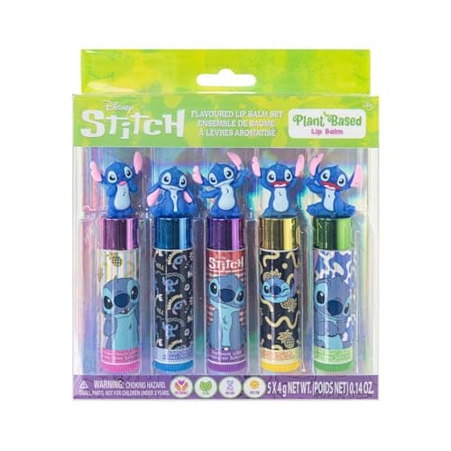 Disney Stitch 5 Pc Plant Based Moisturizing Lip Balm Makeup Set for Girls Kids Toddlers Perfect for Parties Sleepovers Makeovers Birthday Gift for Girls 3 Yrs by Townley Girl