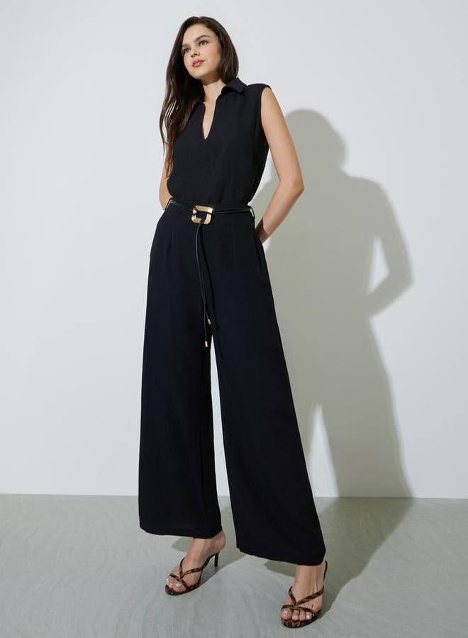 Black Open Collar Top and Pants Co-Ords Set