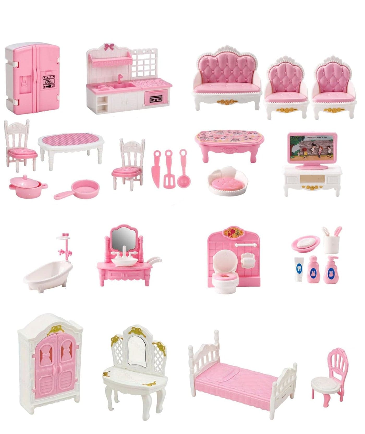 32 Pcs Miniature Furniture Set, Doll House Furniture Set, Doll House Accessory for Mini House Decor, Includes Kitchen, Bedroom, Bathroom and Living Room Sets Creative Play for Boy and Girl