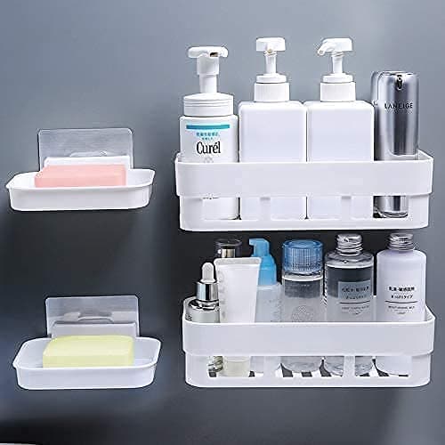 MorivaHomes Multipurpose Wall Mount Bathroom Shelf and Rack for Home and Kitchen. Adhesive Sticker Support Without Drilling (2 Bathroom Shelf + 2 Soap Dish), Acrylic, Hardware Tools, White