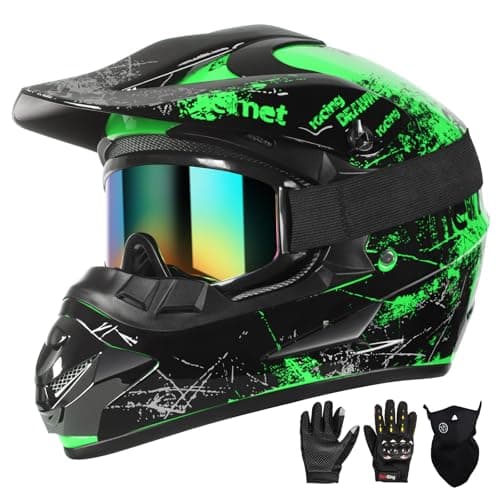 SPARK Dirt Bike Helmets Kids Motorcycle Helmet Youth ATV Motocross Full Face Men Women Off-Road Mountain Bike Helmet Adult with(Gloves Goggles Mask) DOT Approved 4Pcs Set (Green, Large)