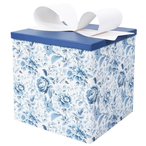 BIOBROWN Medium Gift Boxes with Lids for Presents 9x9x9 Inches Chinoiserie Blue White Peony Floral Design Collapsible Gift Box for Mothers Day Bridal Shower Wedding Birthday Valentines Day