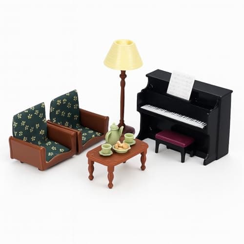 OLEOCA Family Dollhouse Living Room Set Piano with Bench Sheet Music Two Armchairs Coffee Table Floor Lamp Tea Set Dollhouse Furniture Accessories for Ages 3