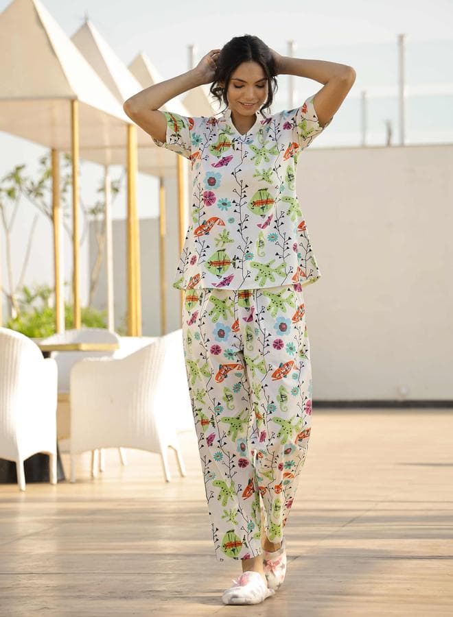 Printed Pure Cotton Short Sleeve Top and Pyjama Set