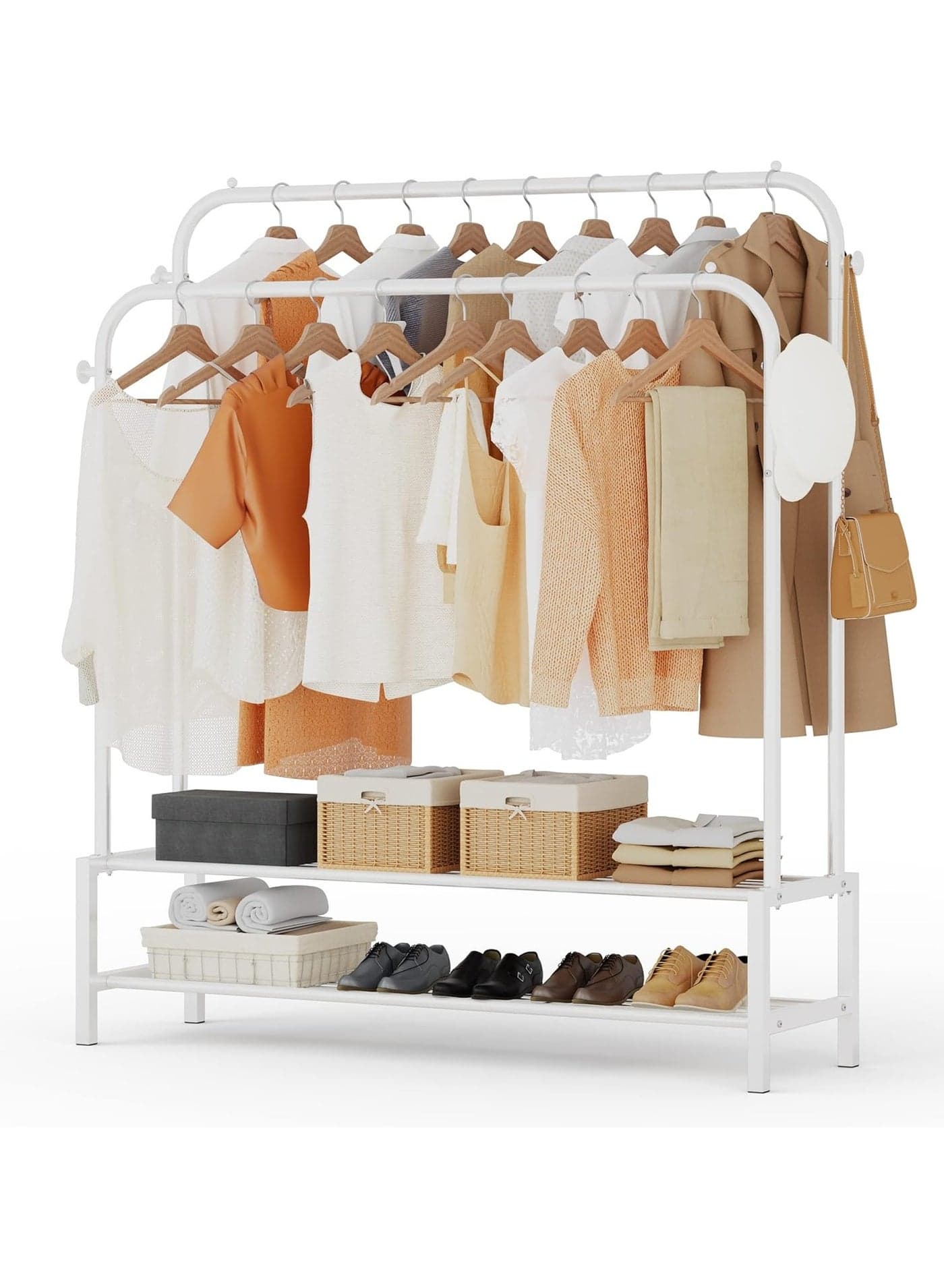 Double Hanging Rod Garment Rack Hanger with Top Rod and Lower Storage Shelf, Closet Organizer Clothes Rack for Bedroom, Living Room and Entryway Steel Wall Shelf