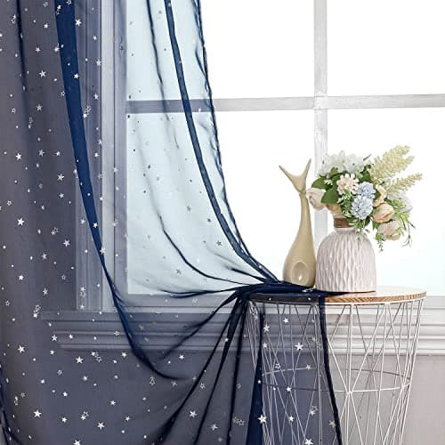 WUBODTI Navy Blue Star Sheer Curtains for Kids Room Nursery 63 Inch Length,Sparkly Star Printed Semi Sheer Boys Bedroom Curtains Rod Pocket Light Filtering Gauze Small Curtain Drapes 2 Panels