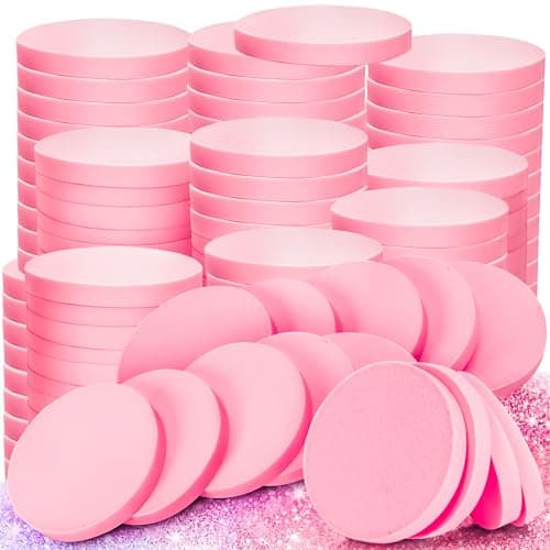MotBach 100 PCS Pink Round Makeup Sponge Cosmetic Sponge Round Foam Pad Eye Facial Powder Puff Beauty Makeup Foundation Powder Blender for Women Lady All Skin Types Wet and Dry Dual Use
