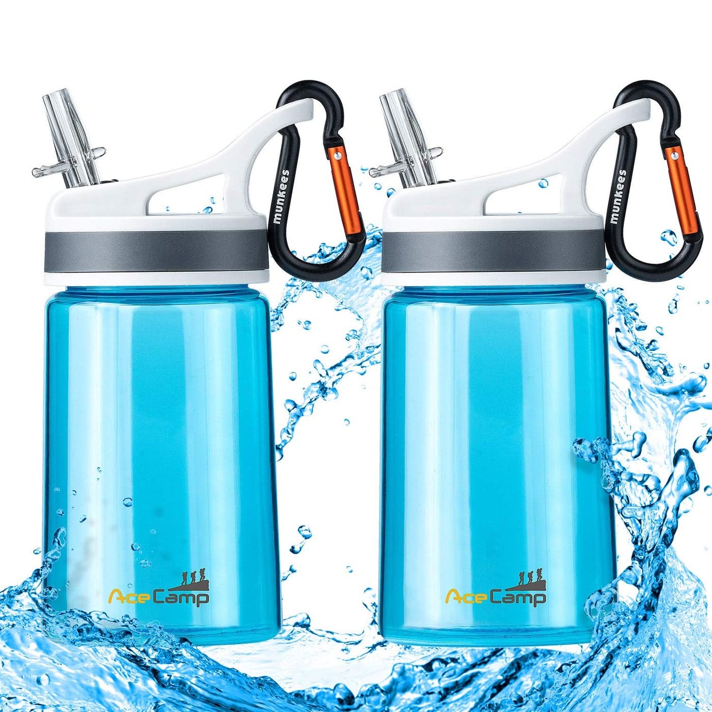 AceCamp 2 PackKids Water Bottle with Straw for School Kids Boys Girls12OZ Children Toddler Water Bottle Small with clip Tritan BPA Free for Backpack Outdoor Sports Travel Portable and Leakproof