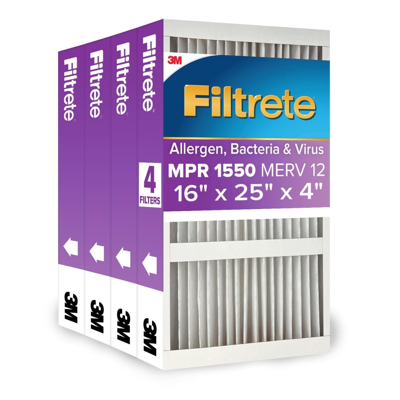 Filtrete 16x25x4 AC Furnace Air Filter MPR 1550 MERV 12 Fits Lennox Honeywell CERTIFIED Asthma Allergy Friendly Electrostatic Air Cleaning Filter 4Pack actual size 1588 x 2456 x 431
