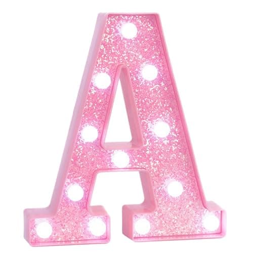 EUFONY Pink Marquee Light Up Letters Glitter Alphabet LED Letter Lights for Pink Birthday Party Decorations Battery Operated Letter Sign for Girls Room Vanity Table Decor Cool White Lights Letter A