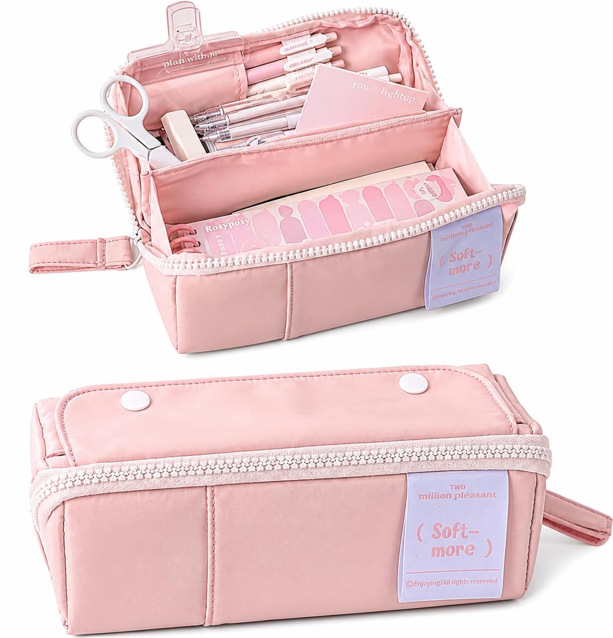 WORSHIPER Multi-Functional Soft Pencil Case for Girls | Large Capacity Zipper Pouch with Multiple Compartments | Aesthetic Stationery Organizer for School, College & Office (Pink Pouch)