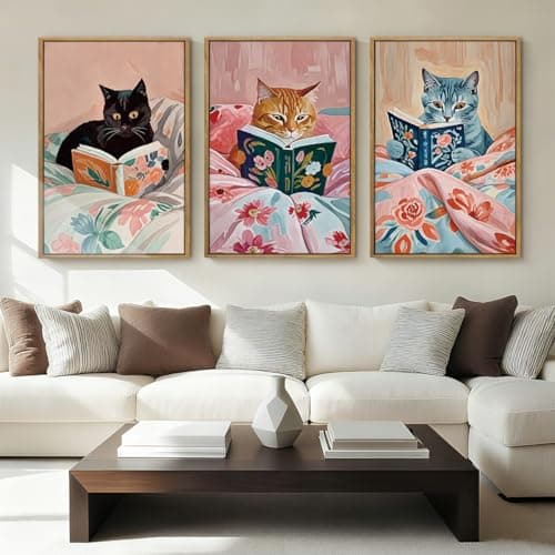 HPNIUB Framed Vintage Black Cats Canvas Wall Art, Funny Animal Reading Books Poster Printing Pictures, Pink Cute Cat Lovers Wall Decor for Girls Room Bedroom Kids Room Living Room Classroom- 16 x24 x3