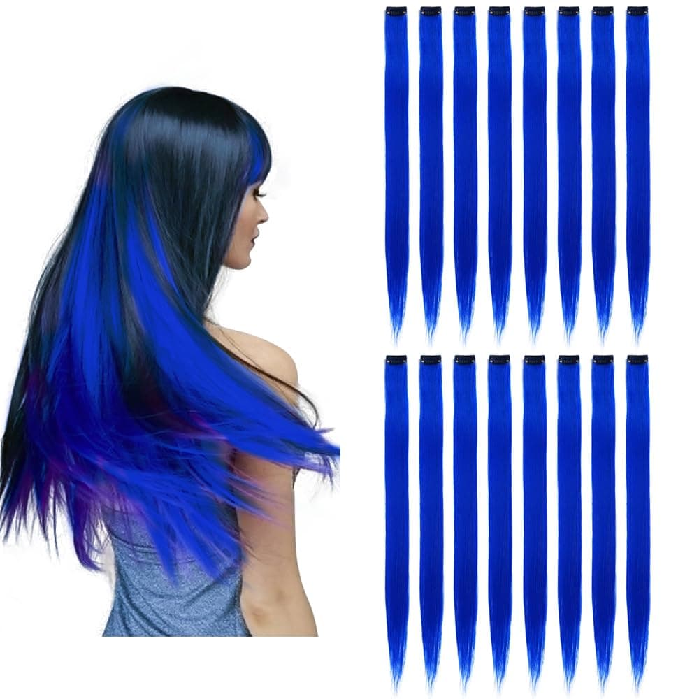 16Pcs Blue Clip in Colored Hair Extensions 22inch Long Straight Party Highlights Colorful Hair Extension One Color Clip on Hairpieces for Women Girls