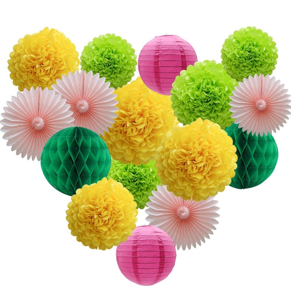 Party Decorations Kit Hanging Paper Fan Tissue Pom Poms Flowers Honeycomb Balls Paper Lantern for Trial Baby Shower First Birthday Bridal Shower Summer Decorations Hawaiian Luau Beach Supplies