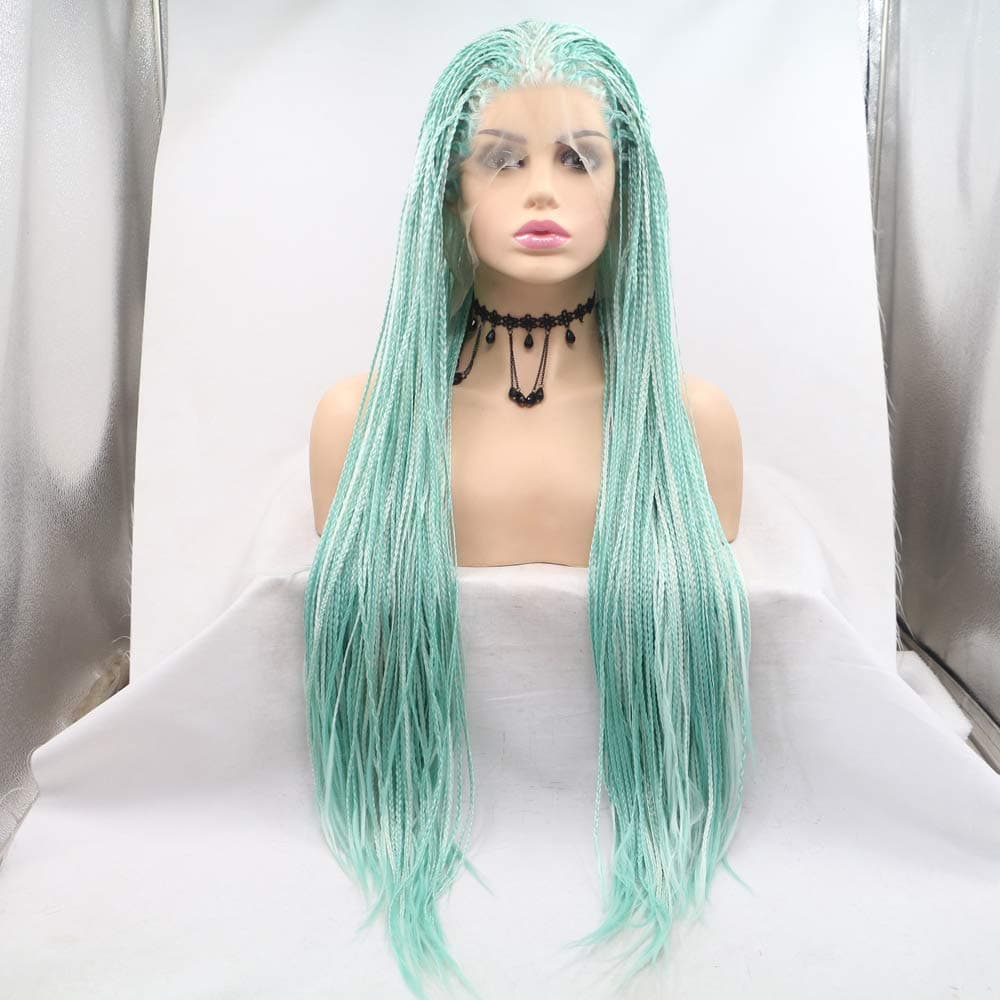 Xiweiya Long Blue Green to White Micro Braided Wig Synthetic Lace Front Braid Wigs Free Part Wig Long Soft Wig Hair Replacement Wig for Women Drag Queen Makeup 24 inch