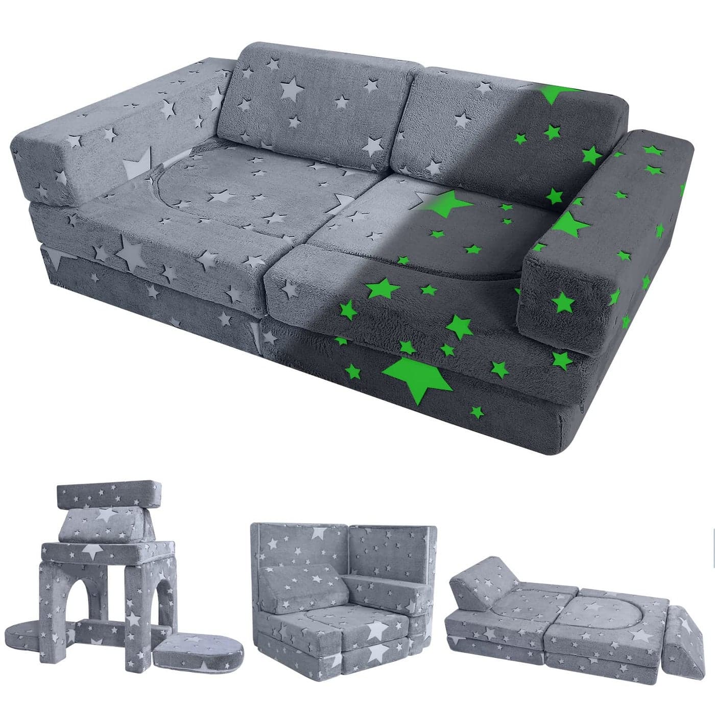 MeMoreCool Kids Couch 10 Piece Modular Play Couch for Playroom Fold Out Glow Star Toddler Bed Foam Building Sofa for Boys and Girls