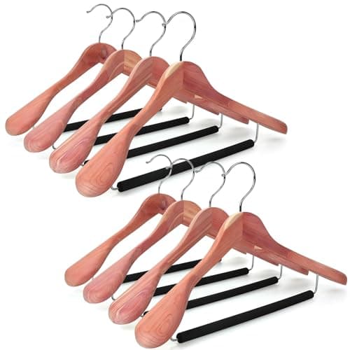 TOPIA HANGER American Red Cedar Wide Shoulder Wooden Hangers 8 Pack Luxury Wood Suit Coat Hangers with Black Padded Pant Bar360 Swivel Chrome Hook Natural CT07W8