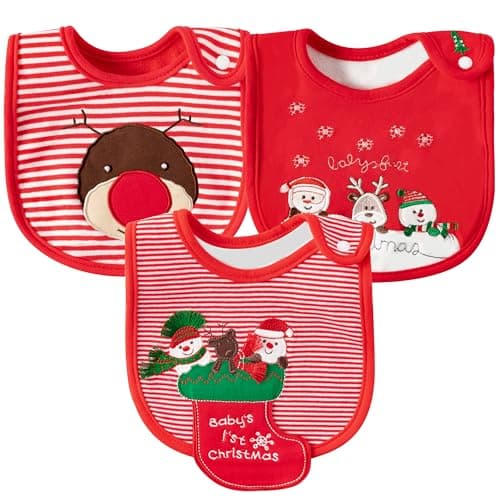 3Pcs Christmas Baby Cotton Bib Infant Drooling Feeding Bibs with Resin Buttons Toddler Absorbable Bib Set Unisex Sock Pattern Newborn Baby Food Bibs Baby Gift Photo Props for Christmas(6-12 months)