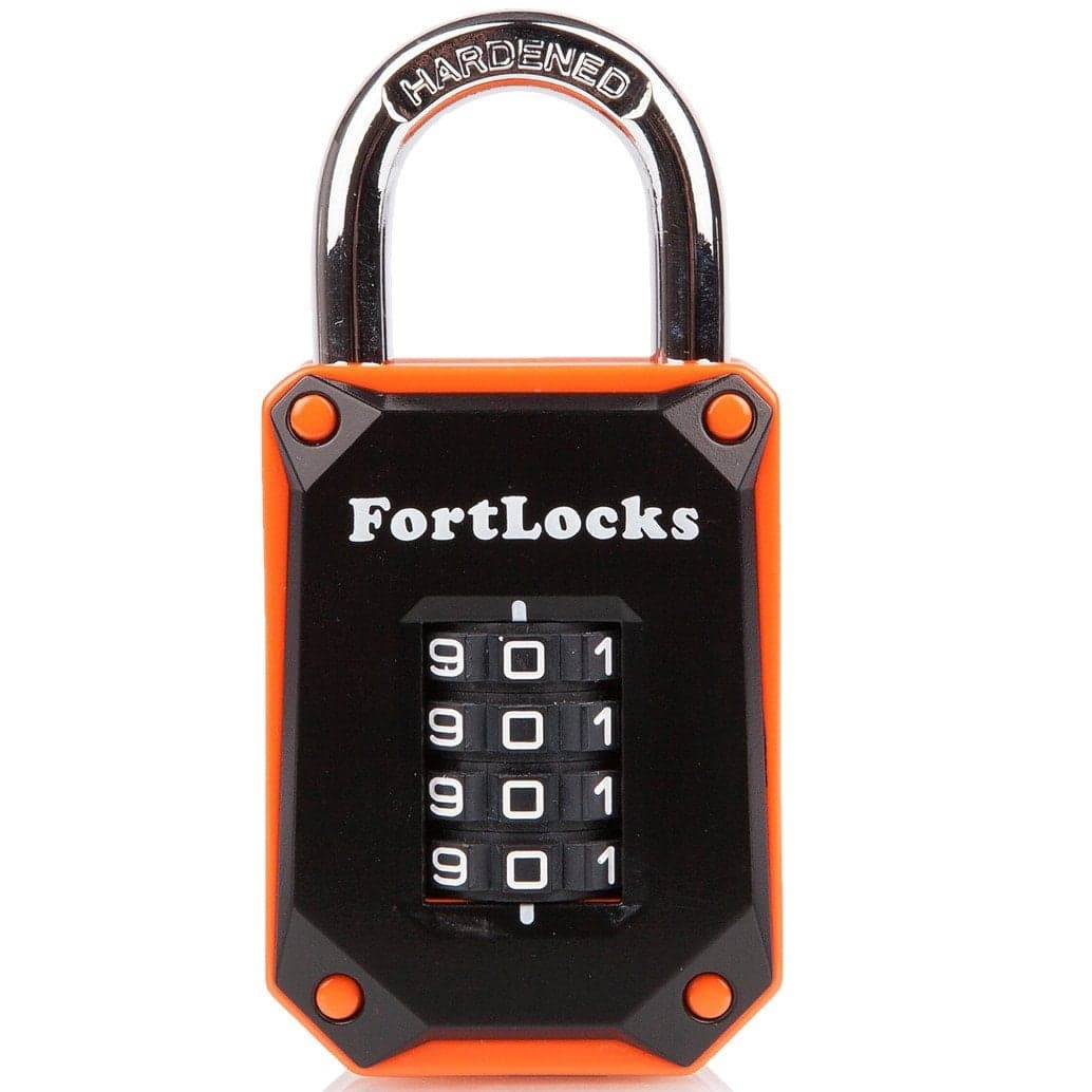 FortLocks Gym Locker Lock 4 Digit Heavy Duty Hardened Stainless Steel Weatherproof and Outdoor Combination Padlock Easy to Read Numbers Resettable and Cut Proof Combo Code 1 Pack Orange